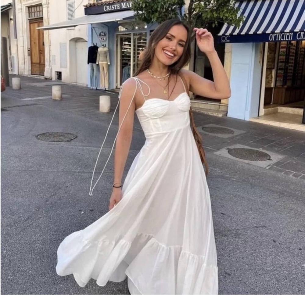 Zara White Maxi Dress with Delicate Tie Straps - Picture 3 of 8